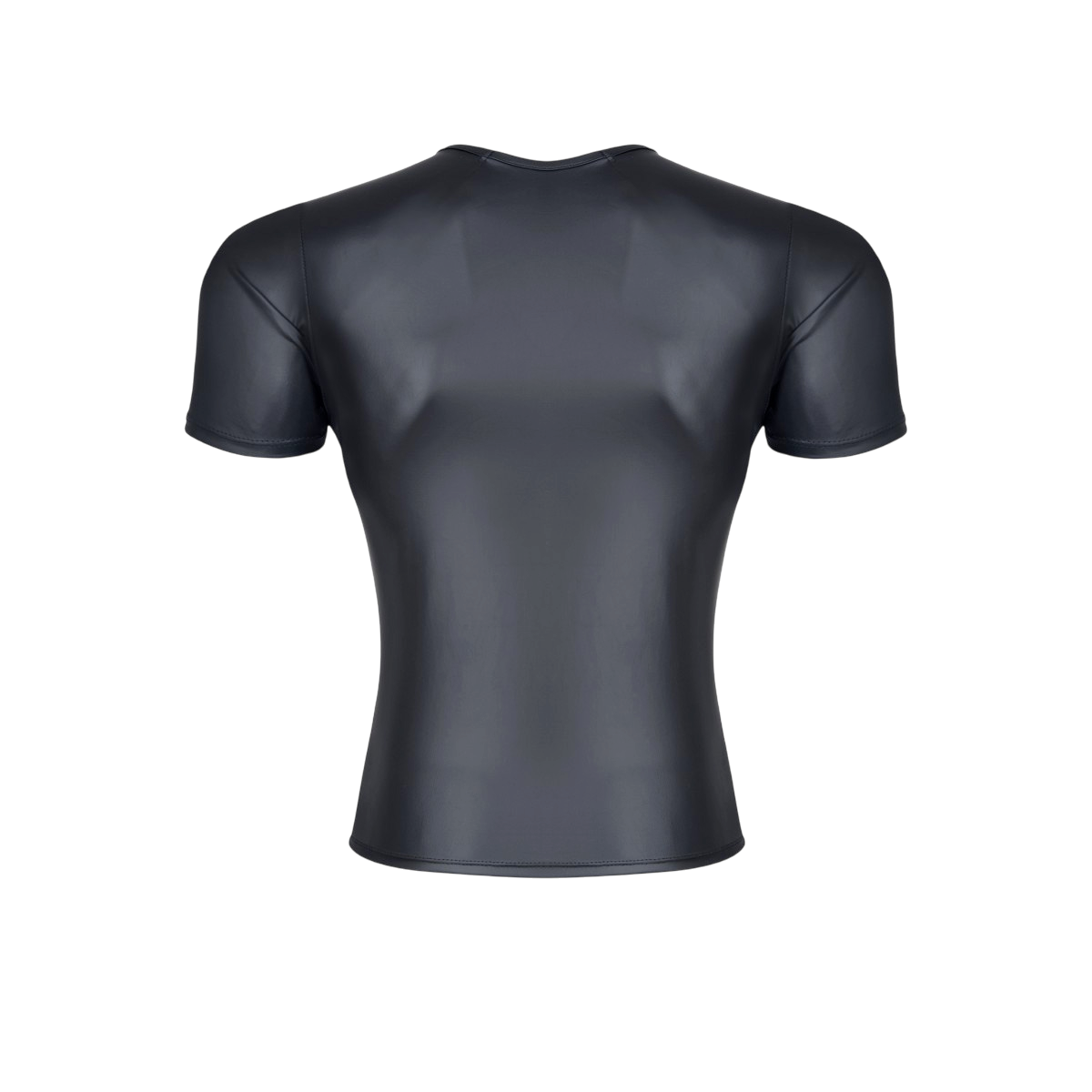 T-shirt homme wetlook noir Regnes vu de dos, manches courtes et coutures apparentes sur tissu brillant - Oh My God'Z