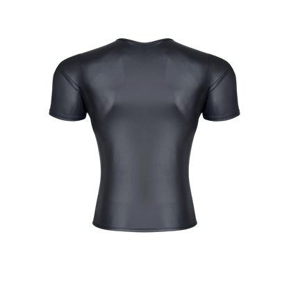 T-shirt homme wetlook noir Regnes vu de dos, manches courtes et coutures apparentes sur tissu brillant - Oh My God'Z