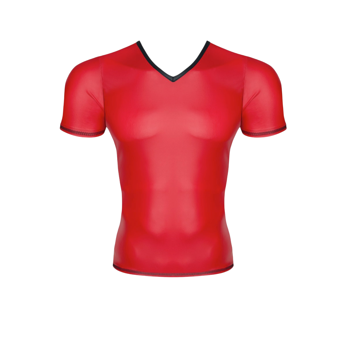 T-shirt homme wetlook rouge Regnes avec col en V borde de noir, vue de face sur mannequin - Oh My God'Z