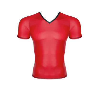 T-shirt homme wetlook rouge Regnes avec col en V borde de noir, vue de face sur mannequin - Oh My God'Z