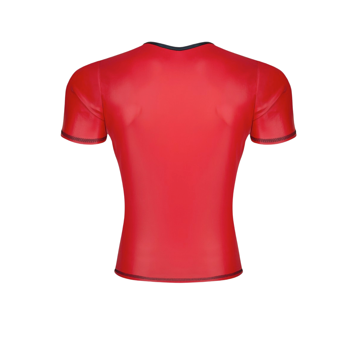 Dos du t-shirt wetlook rouge Regnes en tissu extensible brillant, coutures noires apparentes - Oh My God'Z