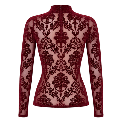 Dos du top bordeaux en tulle floque transparent a motifs baroques avec court zip invisible au col - Oh My God'Z
