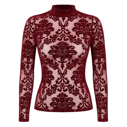 Top ajuste manches longues bordeaux en tulle floque motifs baroques, col montant, vue produit de face - Oh My God'Z
