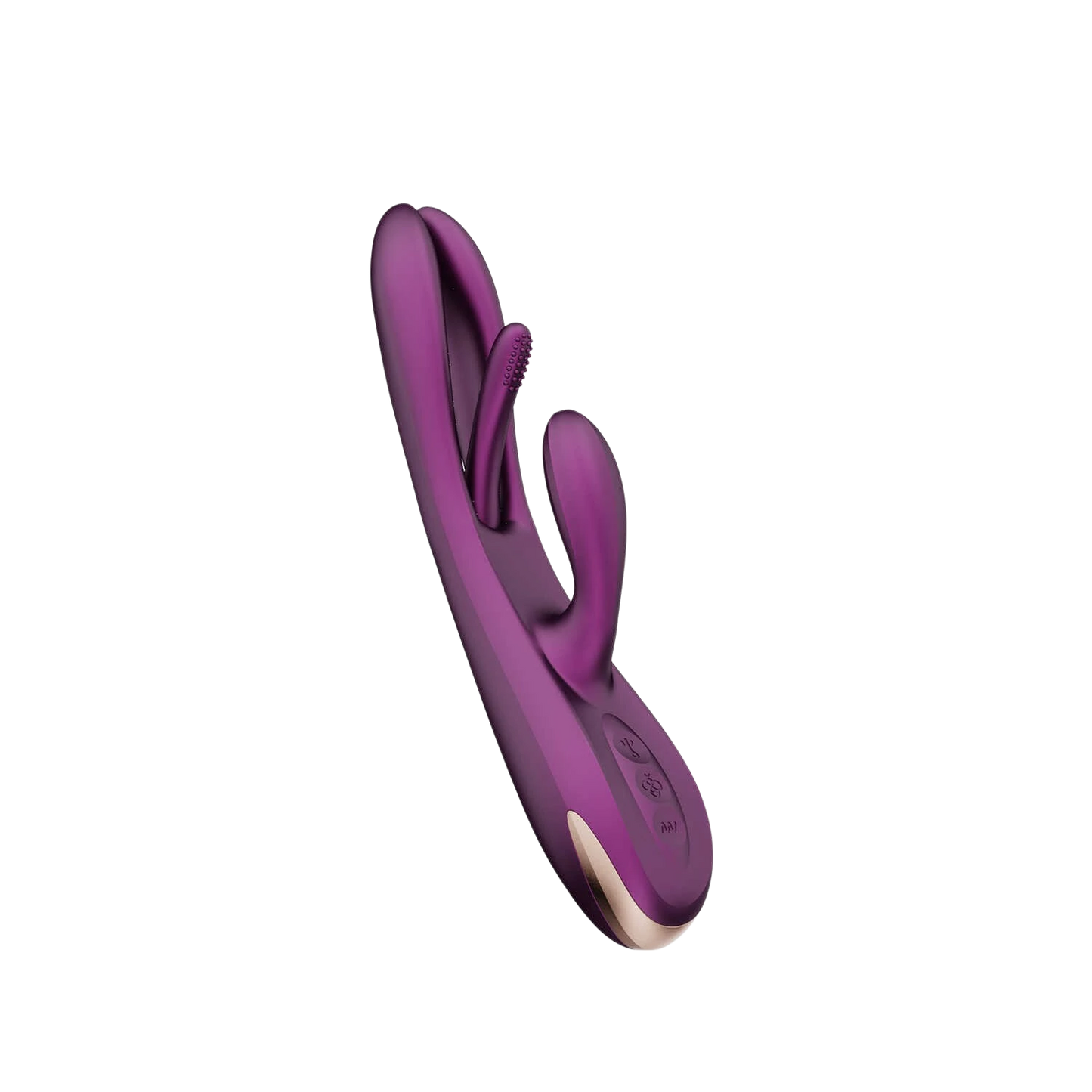 Vue laterale du vibrateur rabbit mauve Terri avec boutons de controle et double stimulateur - Oh My God'Z