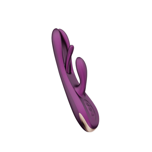 Vue laterale du vibrateur rabbit mauve Terri avec boutons de controle et double stimulateur - Oh My God'Z
