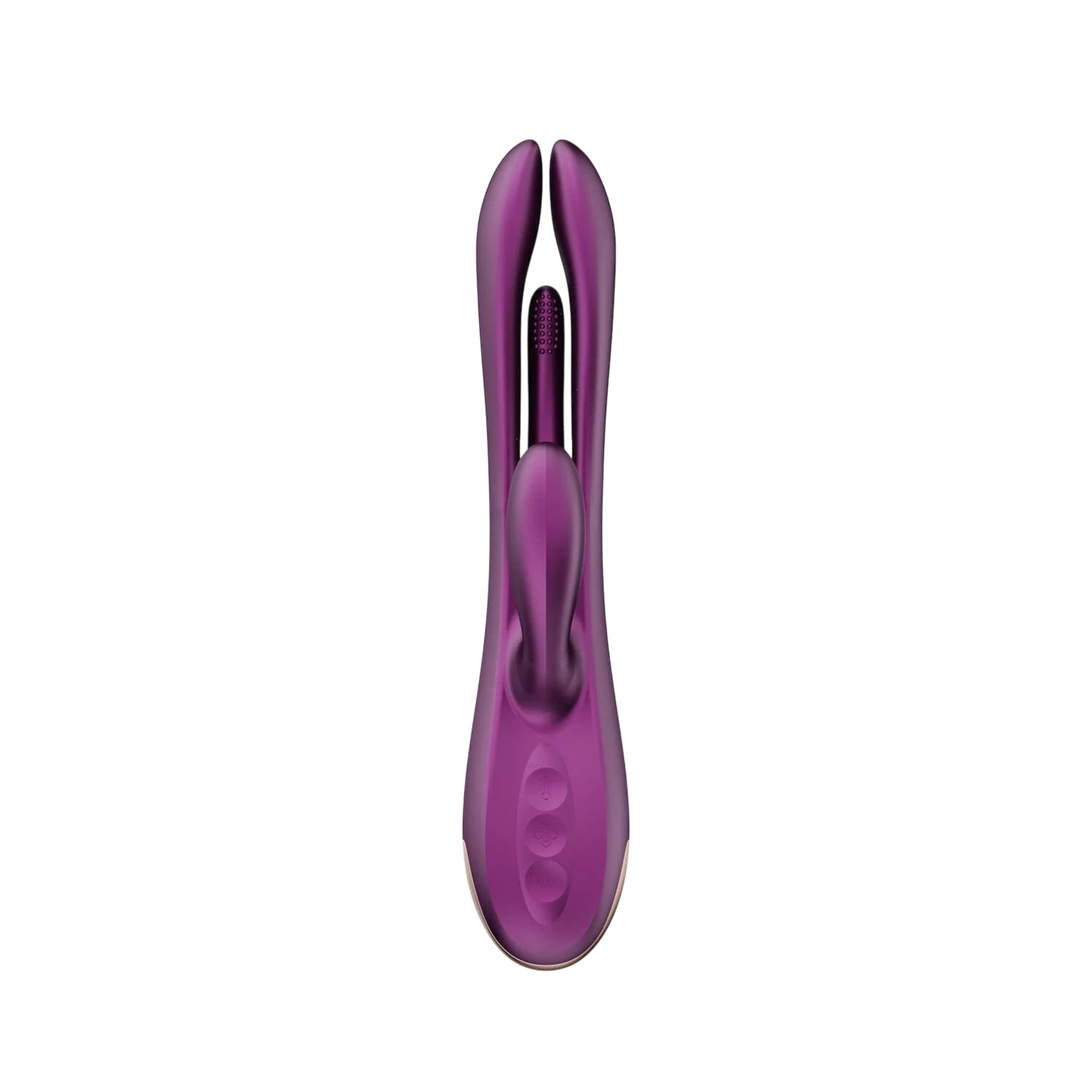 Vue de face du vibrateur rabbit mauve Terri montrant les deux branches stimulatrices et zone texturee - Oh My God'Z