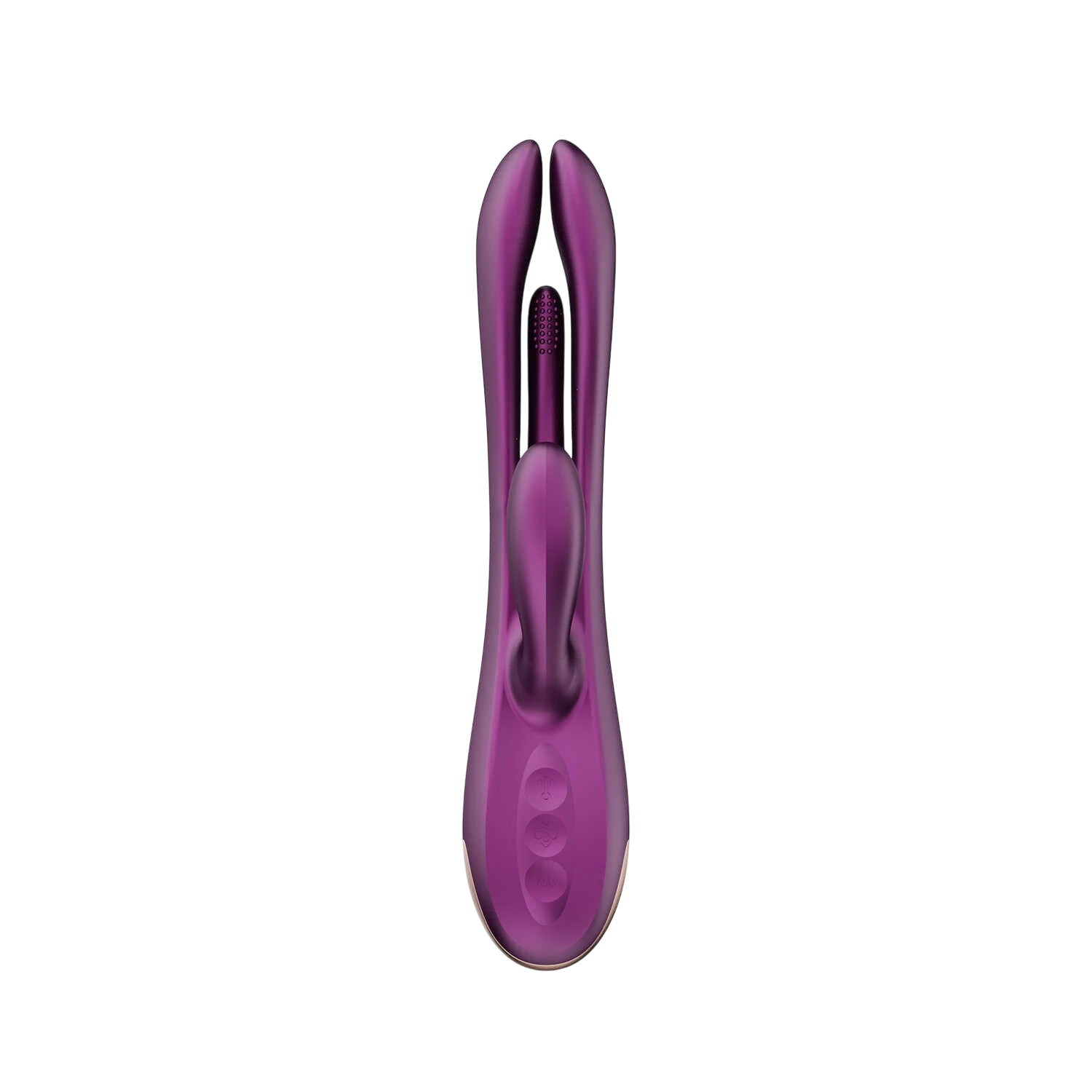 Vue de face du vibrateur rabbit mauve Terri montrant les deux branches stimulatrices et zone texturee - Oh My God'Z