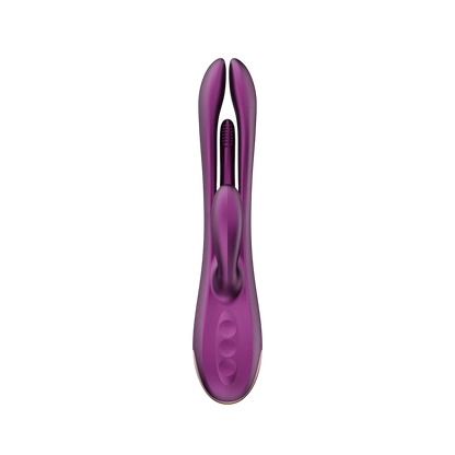 Vue de face du vibrateur rabbit mauve Terri montrant les deux branches stimulatrices et zone texturee - Oh My God'Z