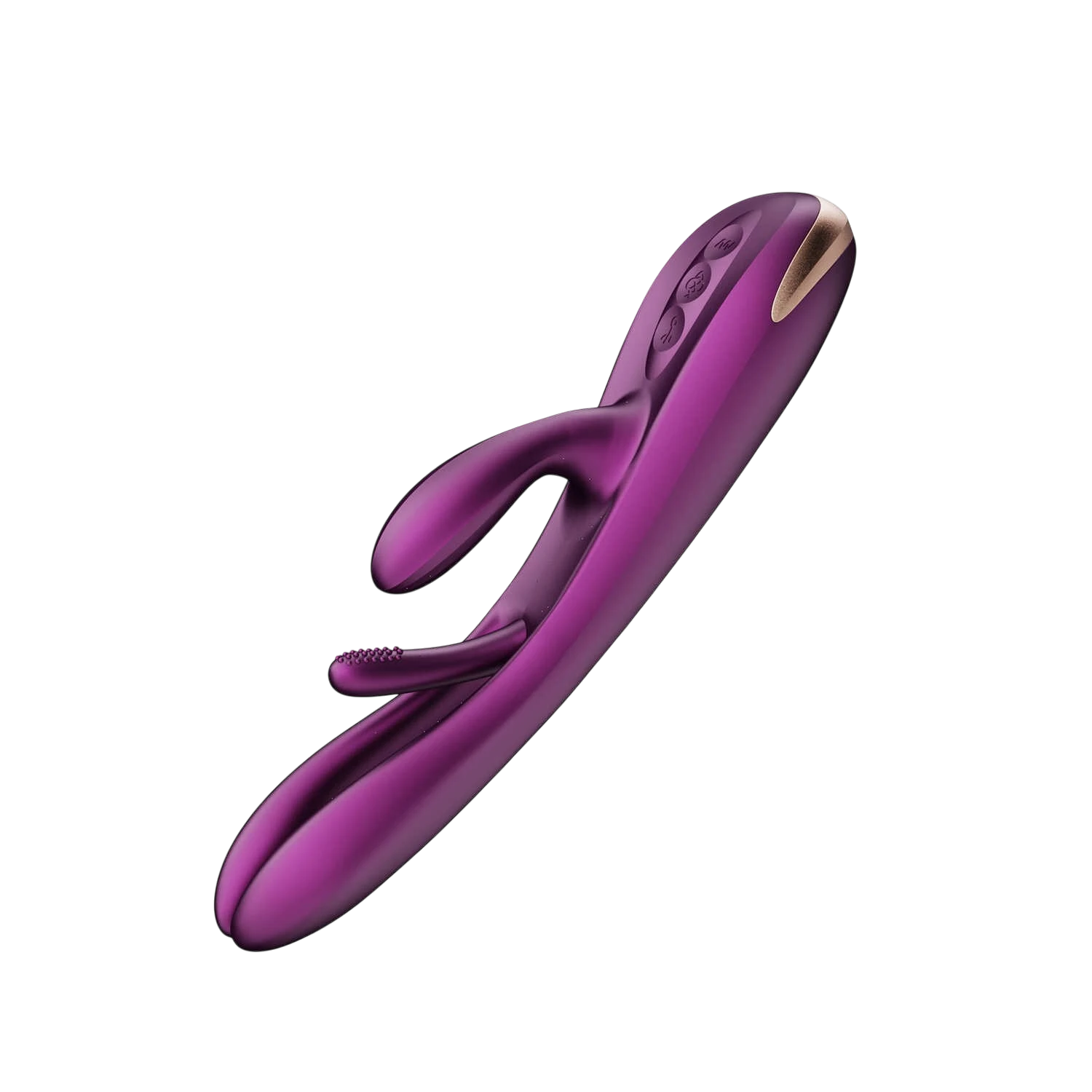 Vue en angle du vibrateur rabbit mauve Terri avec panneau de controle et embout dore visible - Oh My God'Z