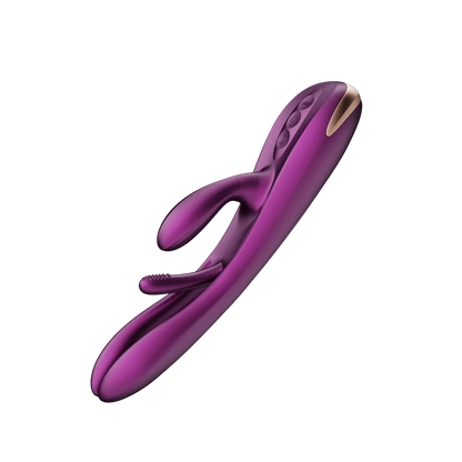 Vue en angle du vibrateur rabbit mauve Terri avec panneau de controle et embout dore visible - Oh My God'Z