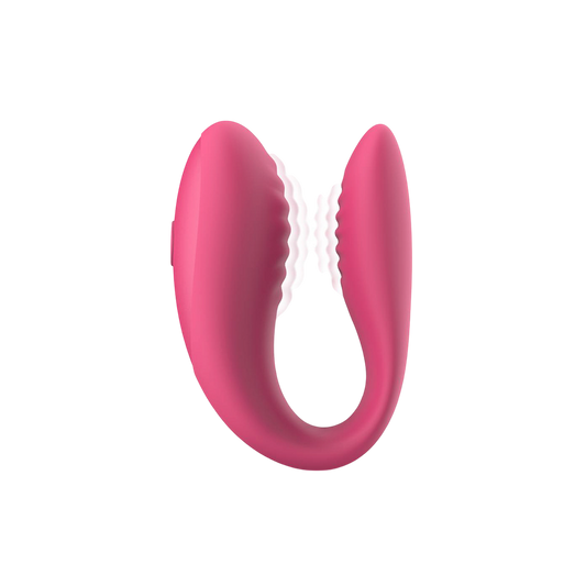 Vibro couples Orion EasyConnect rose vu de face, silicone souple avec zone nervuree et vibrations - Oh My God'Z
