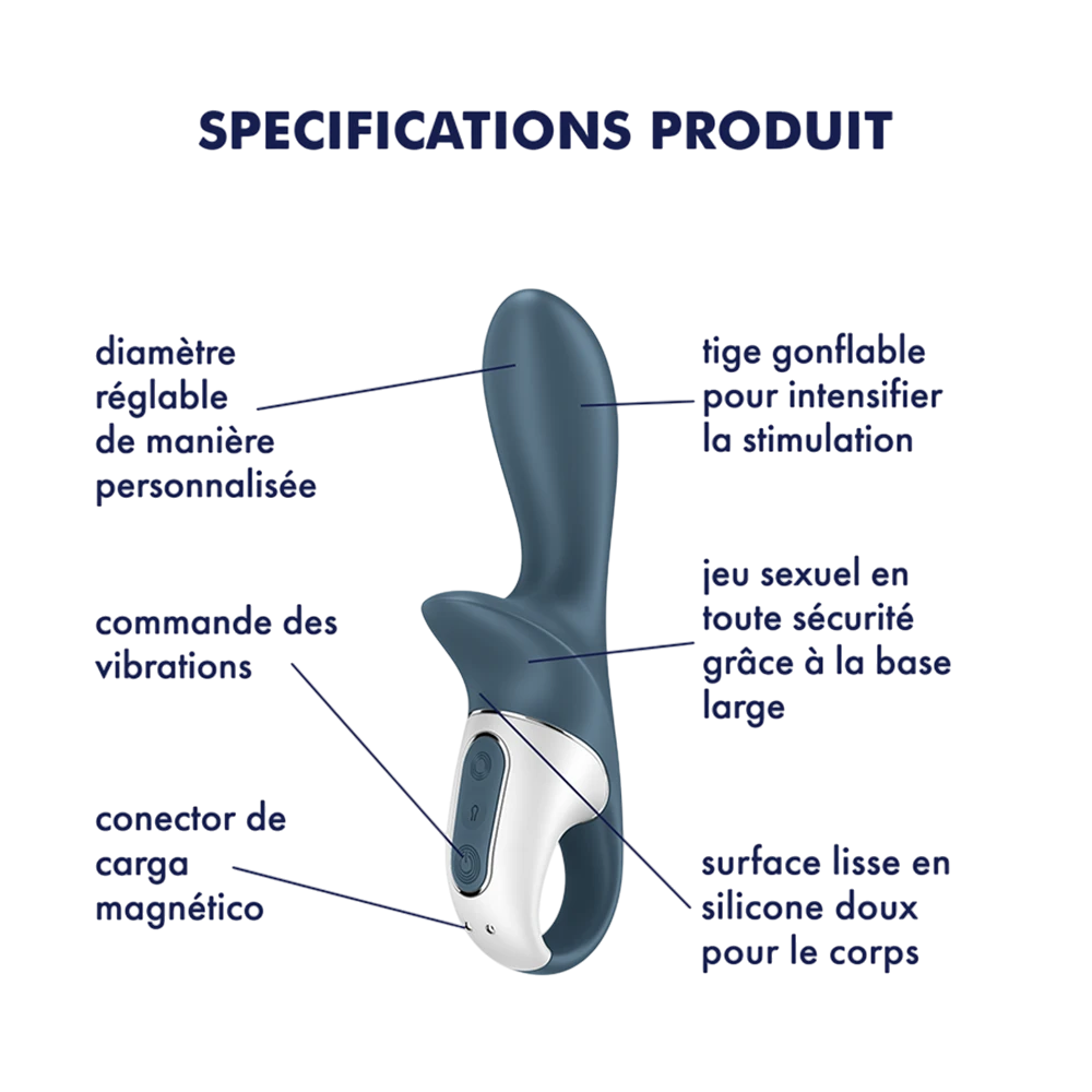 Schéma spécifications vibromasseur gonflable : tige gonflable, commande vibrations, silicone doux - Oh My God'Z
