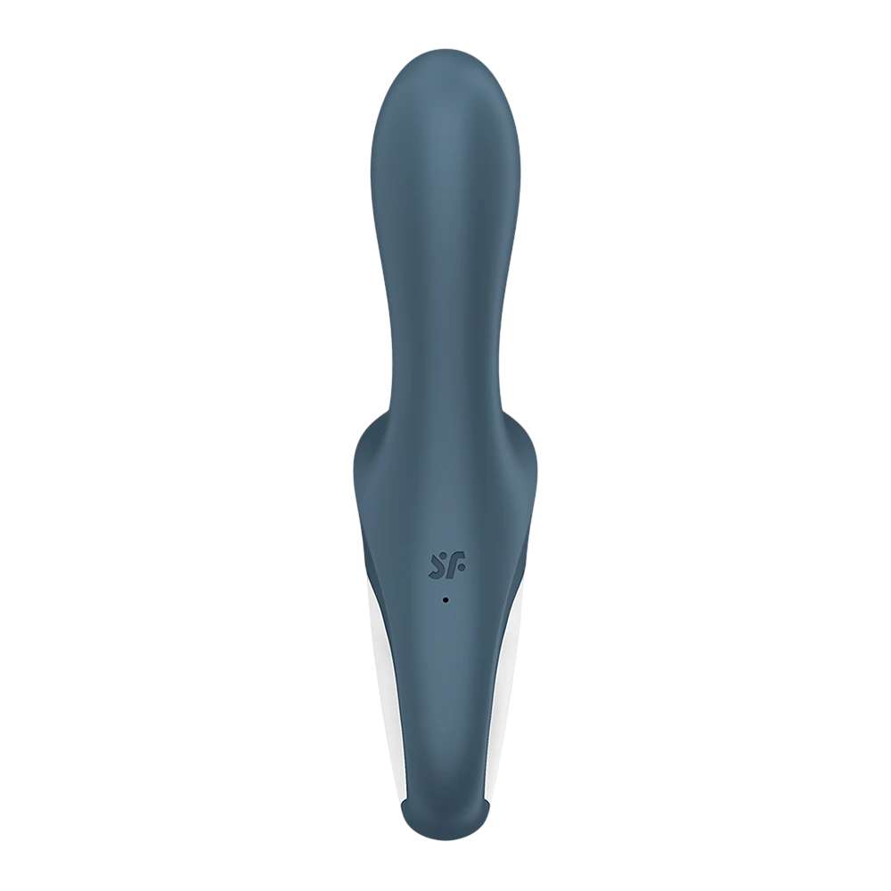Vue arrière vibromasseur gonflable anal gris, finition mate en silicone, logo Satisfyer gravé - Oh My God'Z