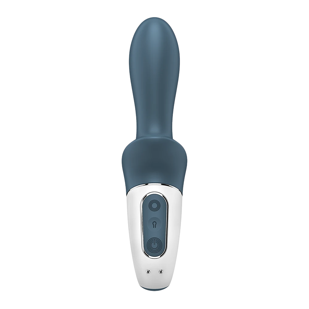 Détail commandes vibromasseur gonflable : boutons contrôle, port charge magnétique USB sur base blanche - Oh My God'Z
