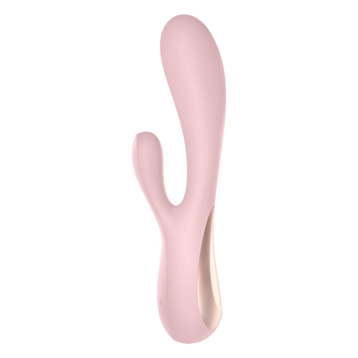 Vibromasseur rabbit Satisfyer Mono Flex rose en silicone doux, vue de profil avec insert dore - Oh My God'Z