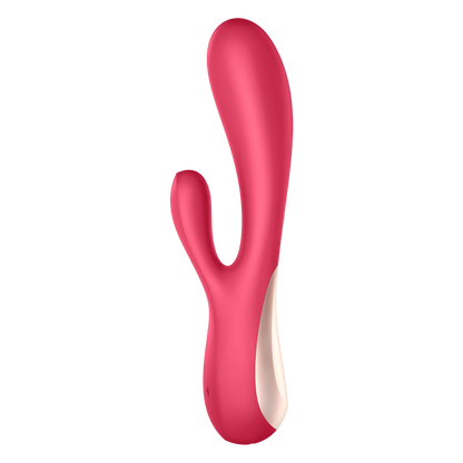 Vibromasseur rabbit Satisfyer Mono Flex rouge silicone, vue de profil avec double tige et insert beige - Oh My God'Z