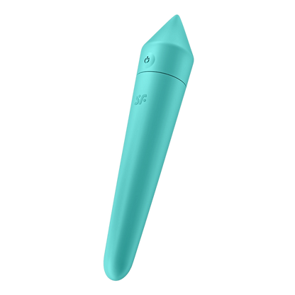 Vibromasseur connecte Ultra Power Bullet 8 Satisfyer turquoise en silicone, vue inclinee pointe conique - Oh My God'Z