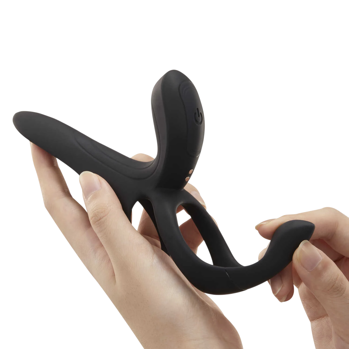Vibromasseur pour couples Pleasure Pivot noir tenu en main, montrant le design compact et les anneaux extensibles - Oh My God'Z