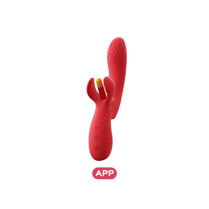 Vibromasseur double stimulation rouge avec doigt oscillant et tige texturée, silicone doux - Oh My God'Z