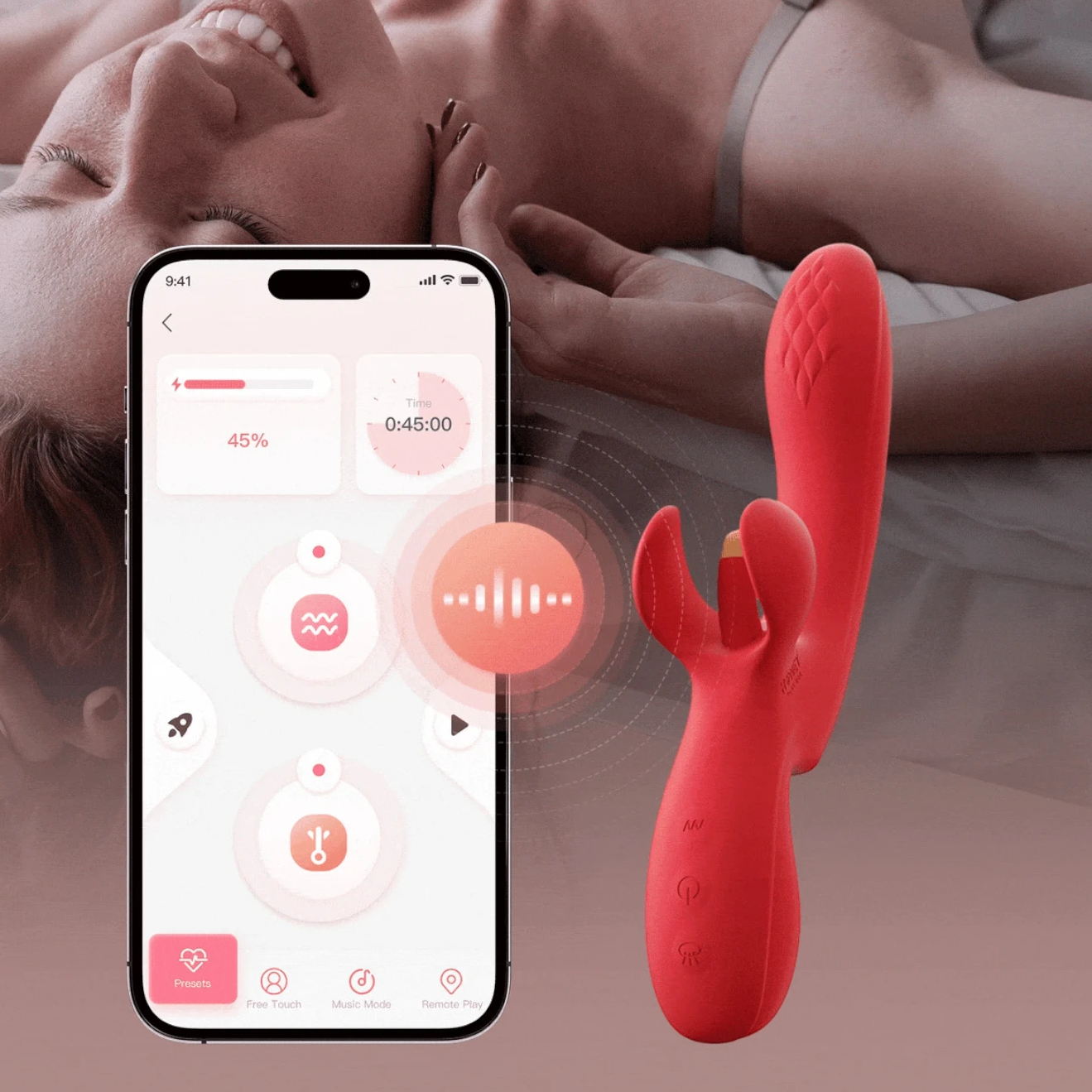 Vibromasseur connecté rouge avec application smartphone pour contrôle à distance des modes de vibration - Oh My God'Z