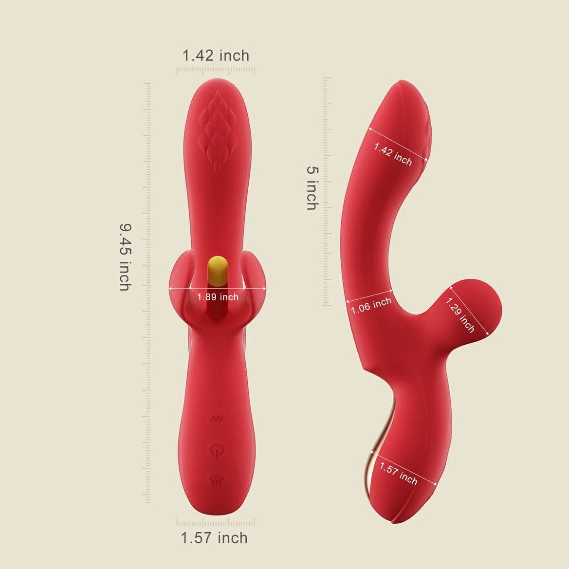 Dimensions détaillées du vibromasseur rouge: 24cm de long, tige 13cm, doigt 4,8cm, silicone souple - Oh My God'Z