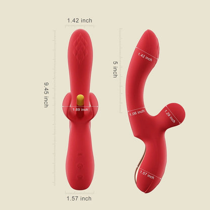 Dimensions détaillées du vibromasseur rouge: 24cm de long, tige 13cm, doigt 4,8cm, silicone souple - Oh My God'Z