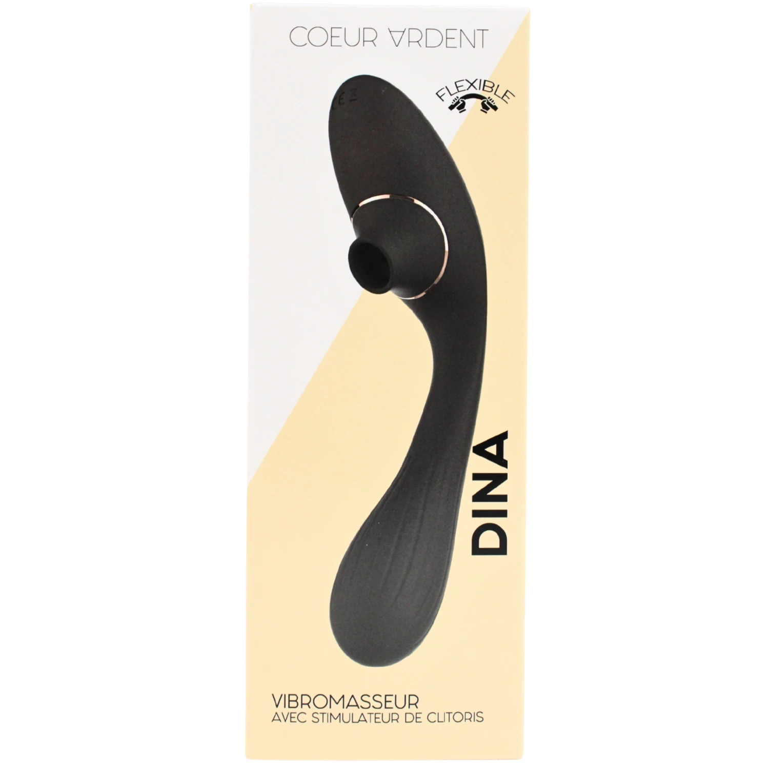 Packaging du stimulateur clitoridien et vibromasseur point G Dina noir de Coeur Ardent, design flexible - Oh My God'Z