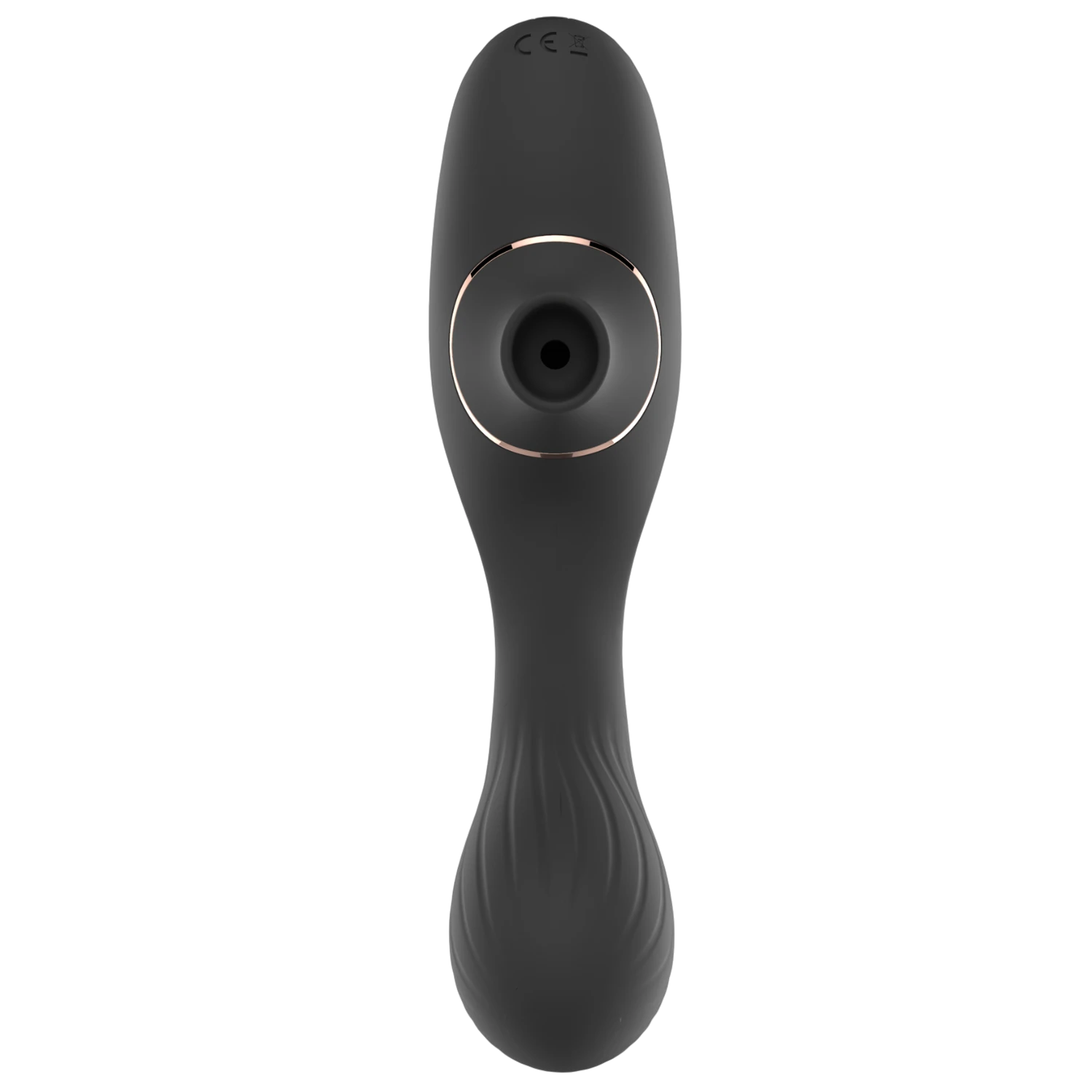 Vue rapprochee de la membrane vibrante clitoridienne du sextoy Dina noir avec anneau rose gold - Oh My God'Z