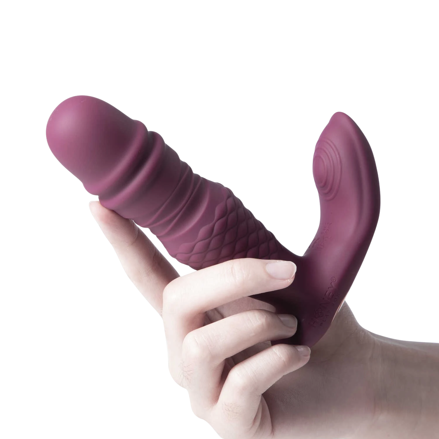Stimulateur Ryder violet bordeaux tenu en main, design ergonomique en silicone avec textures variées - Oh My God'Z