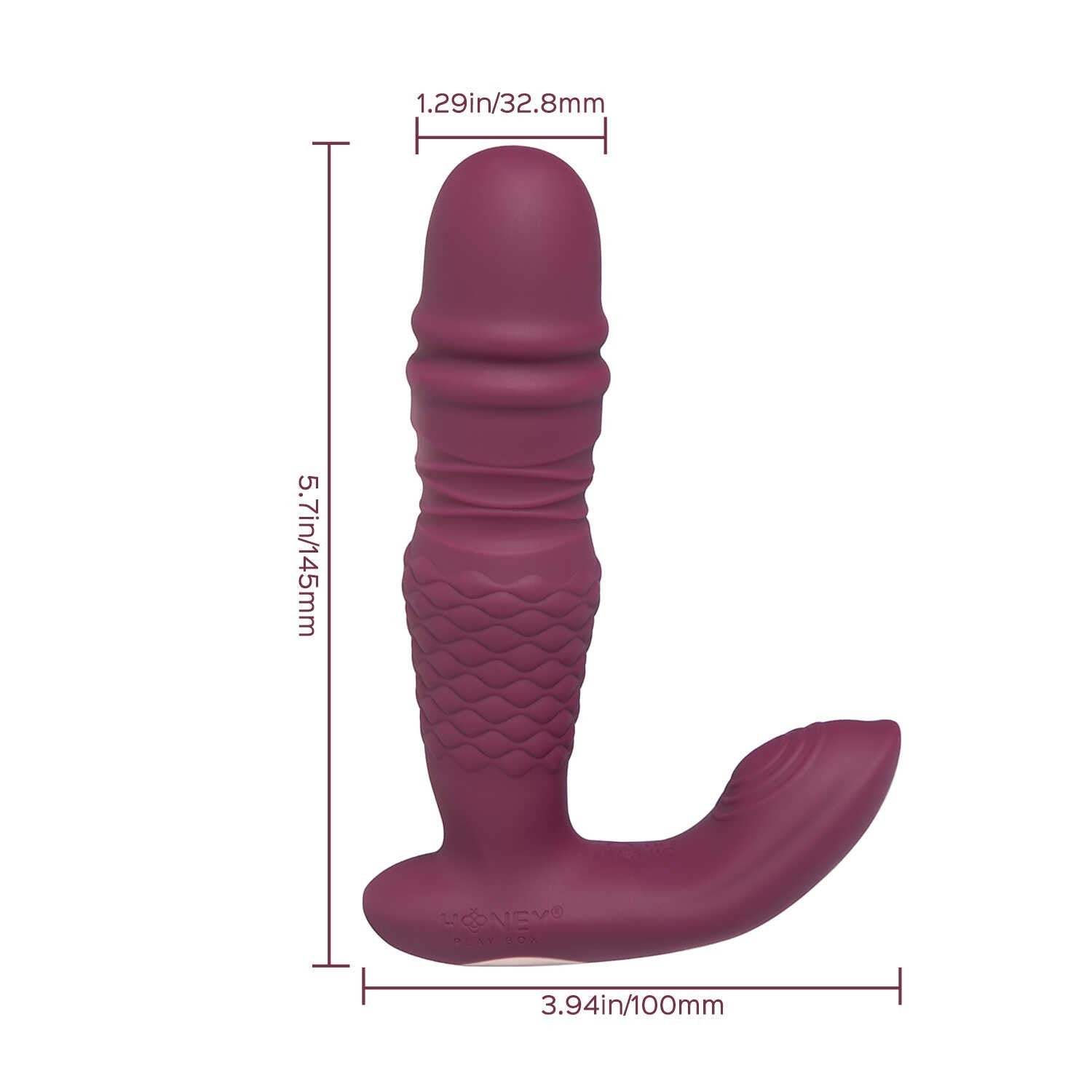 Dimensions du vibromasseur Ryder violet: 145mm de long, 32.8mm de large, avec double extrémité stimulante - Oh My God'Z