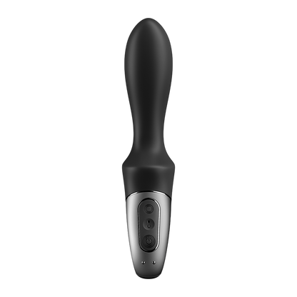 Vibromasseur Satisfyer Heat Climax noir silicone vu de dos, panneau argente avec boutons et temoins - Oh My God'Z