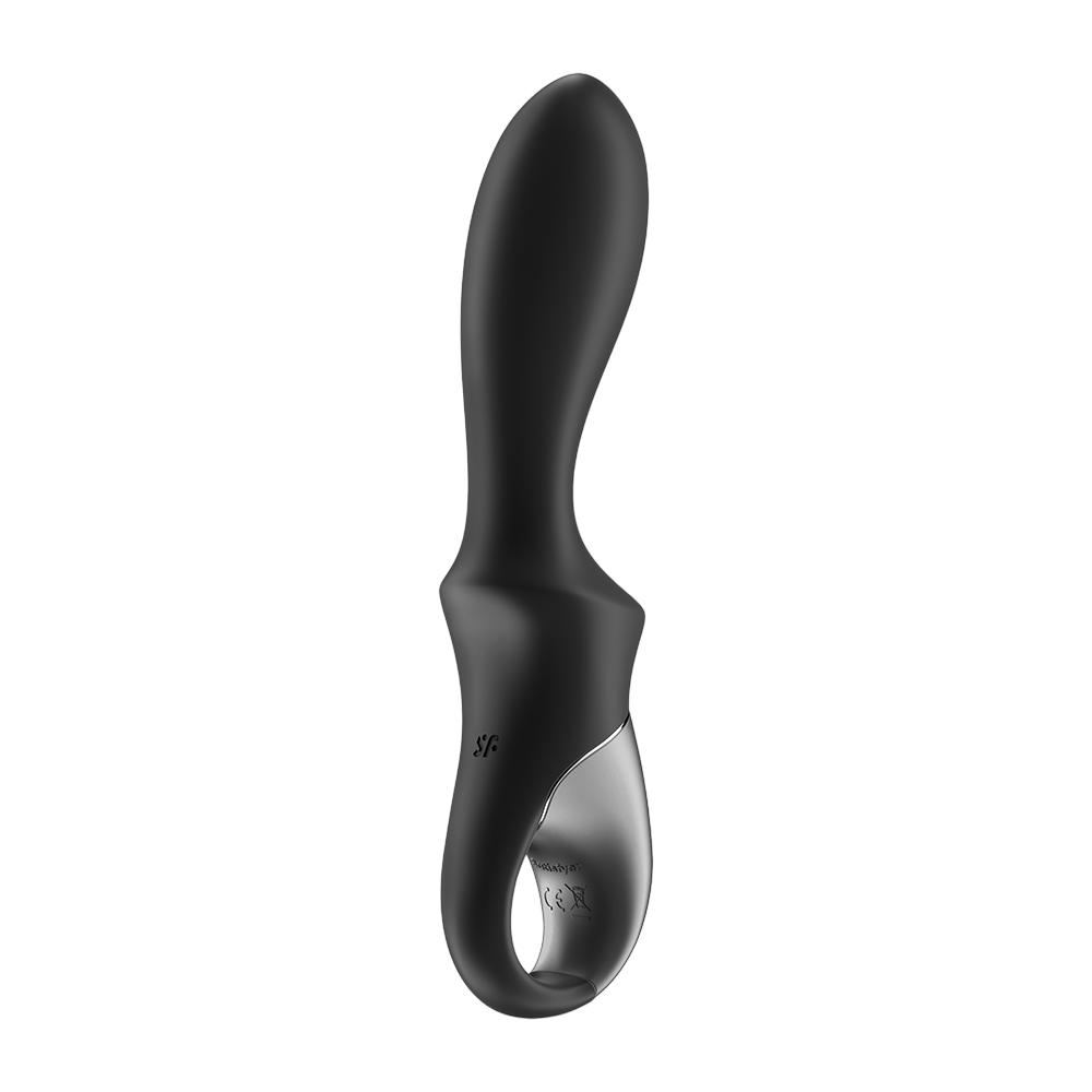 Vibromasseur chauffant Satisfyer Heat Climax noir silicone, vue arriere avec anneau et insert argente - Oh My God'Z
