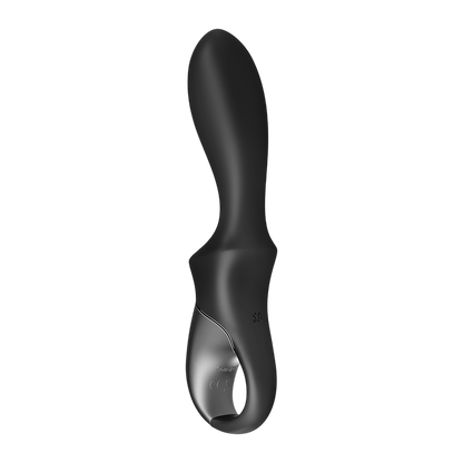 Vibromasseur connecte Satisfyer Heat Climax noir en silicone, vue laterale avec base large argentee - Oh My God'Z