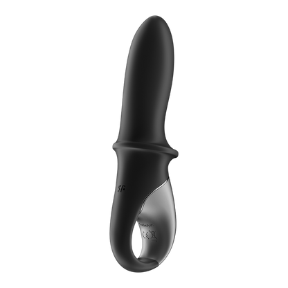 Vibromasseur connecte Hot Passion Satisfyer noir silicone, vue arriere avec logo et anneau argente - Oh My God'Z
