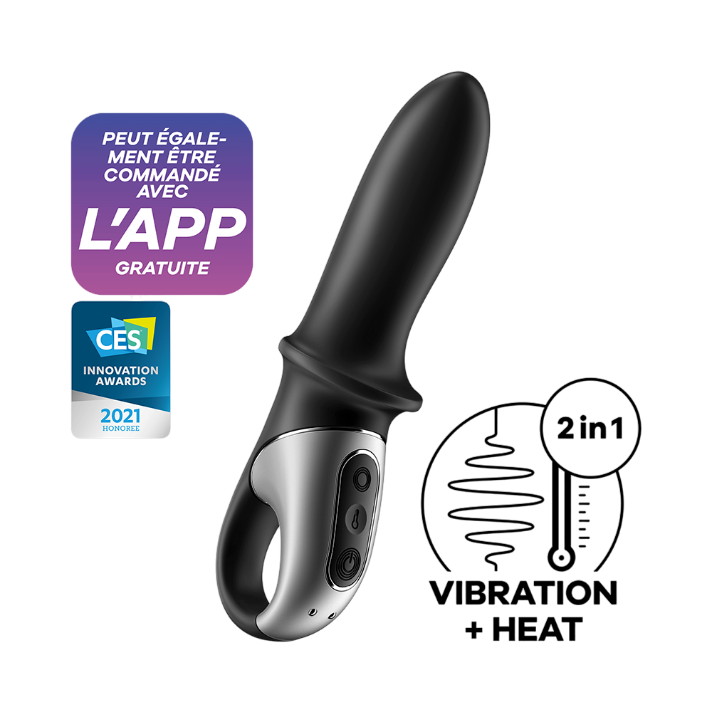 Vibromasseur Hot Passion Satisfyer noir en silicone avec poignee argentee et badges app et CES 2021 - Oh My God'Z
