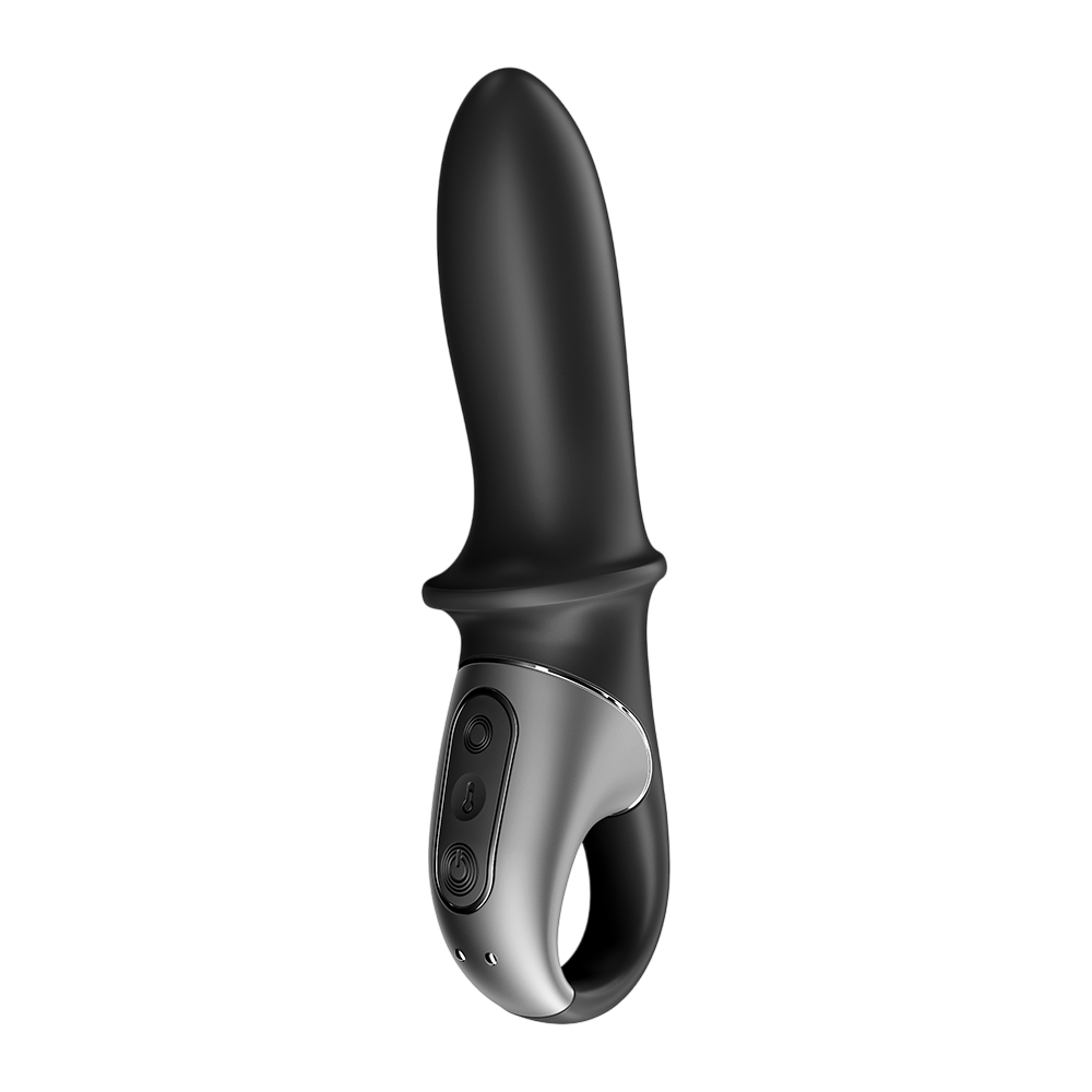 Vibromasseur Hot Passion Satisfyer noir silicone vue de trois quarts avec panneau de boutons argente - Oh My God'Z