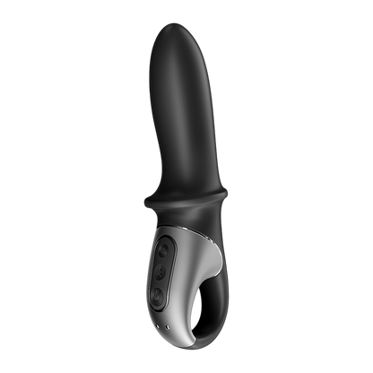 Vibromasseur Hot Passion Satisfyer noir silicone vue de trois quarts avec panneau de boutons argente - Oh My God'Z