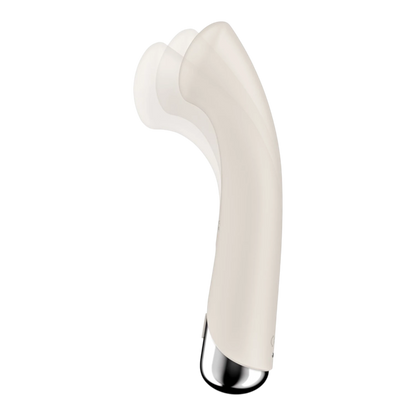 Vue latérale du vibromasseur point G blanc courbé en silicone avec base chromée argentée - Oh My God'Z