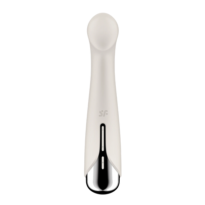Vue arrière du vibromasseur point G blanc en silicone avec logo Satisfyer et base chromée argentée - Oh My God'Z