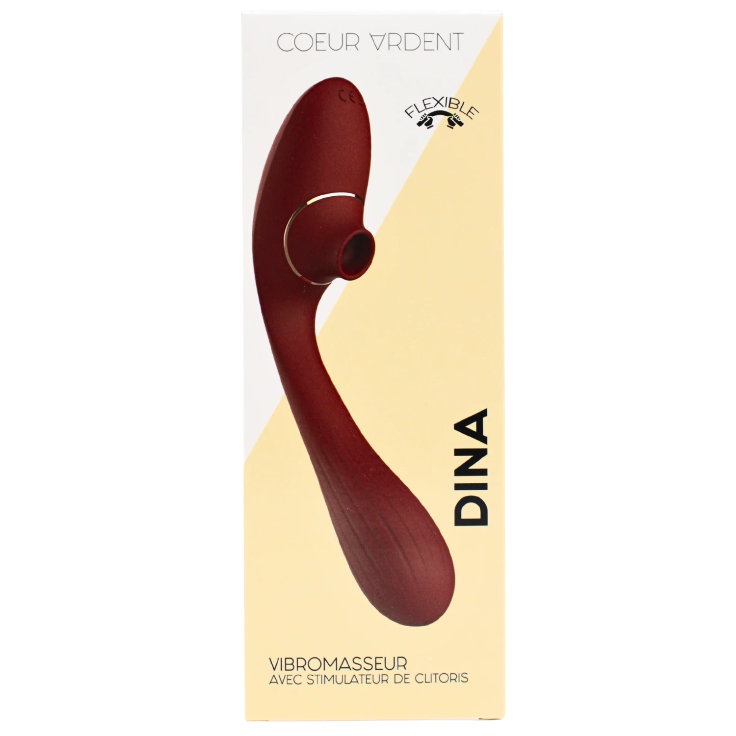 Packaging du stimulateur DINA Coeur Ardent, vibromasseur flexible bordeaux avec boîte jaune et beige - Oh My God'Z