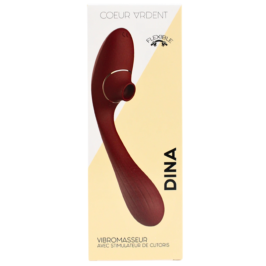 Packaging du stimulateur DINA Coeur Ardent, vibromasseur flexible bordeaux avec boîte jaune et beige - Oh My God'Z