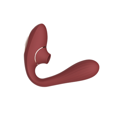 Vue latérale du vibromasseur double stimulation DINA bordeaux, design ergonomique flexible en silicone - Oh My God'Z