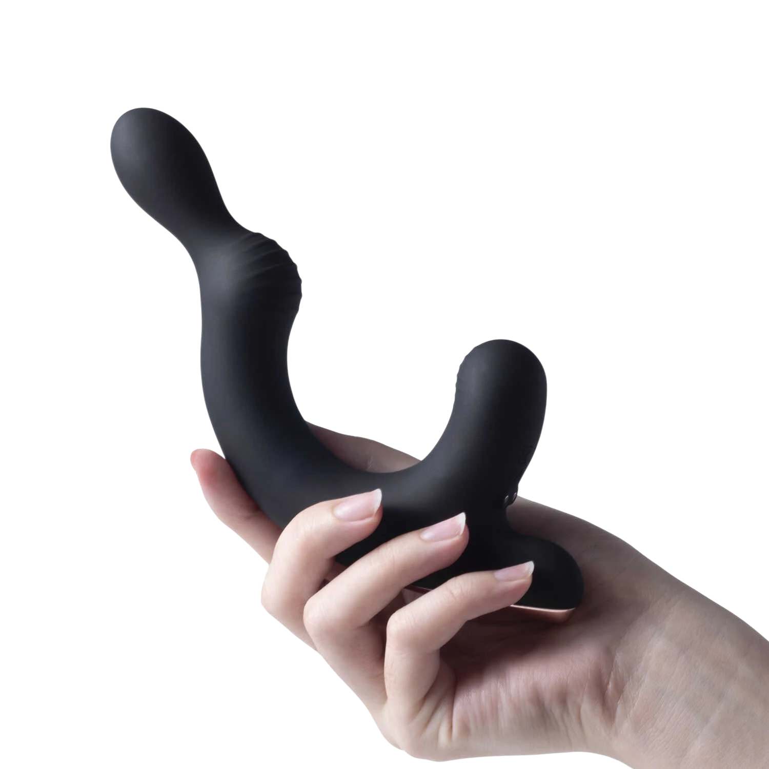 Stimulateur prostate Rocky noir en silicone tenu dans une main féminine fond blanc - Oh My God'Z