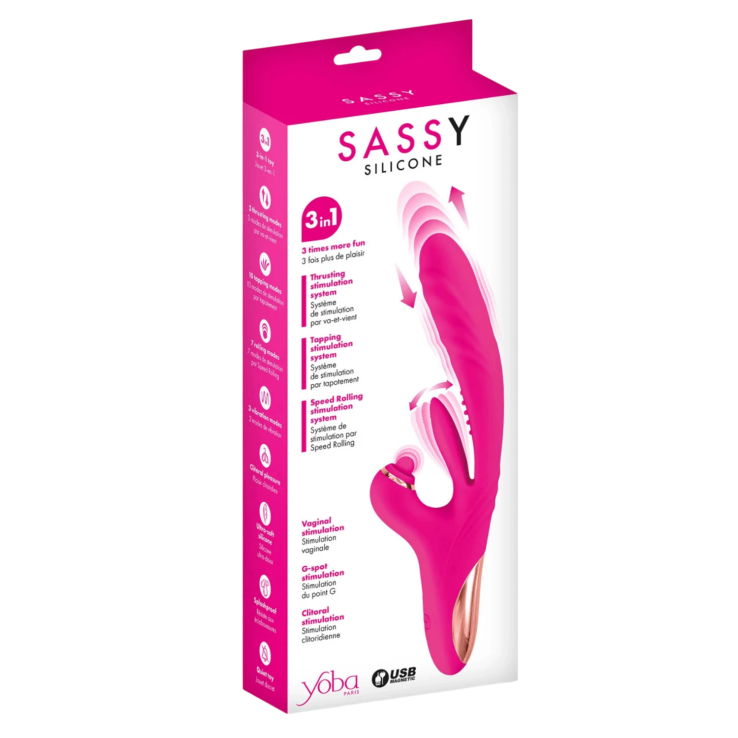 Emballage du vibromasseur rabbit Sassy Yoba affichant les caractéristiques 3-en-1 et stimulations multiples - Oh My God'Z