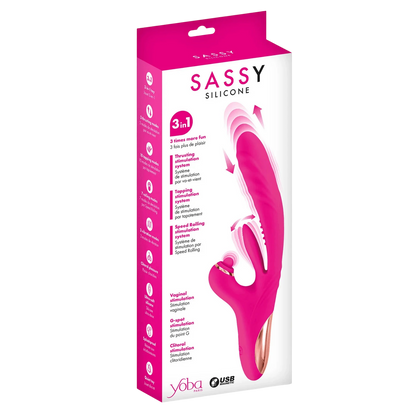 Emballage du vibromasseur rabbit Sassy Yoba affichant les caractéristiques 3-en-1 et stimulations multiples - Oh My God'Z