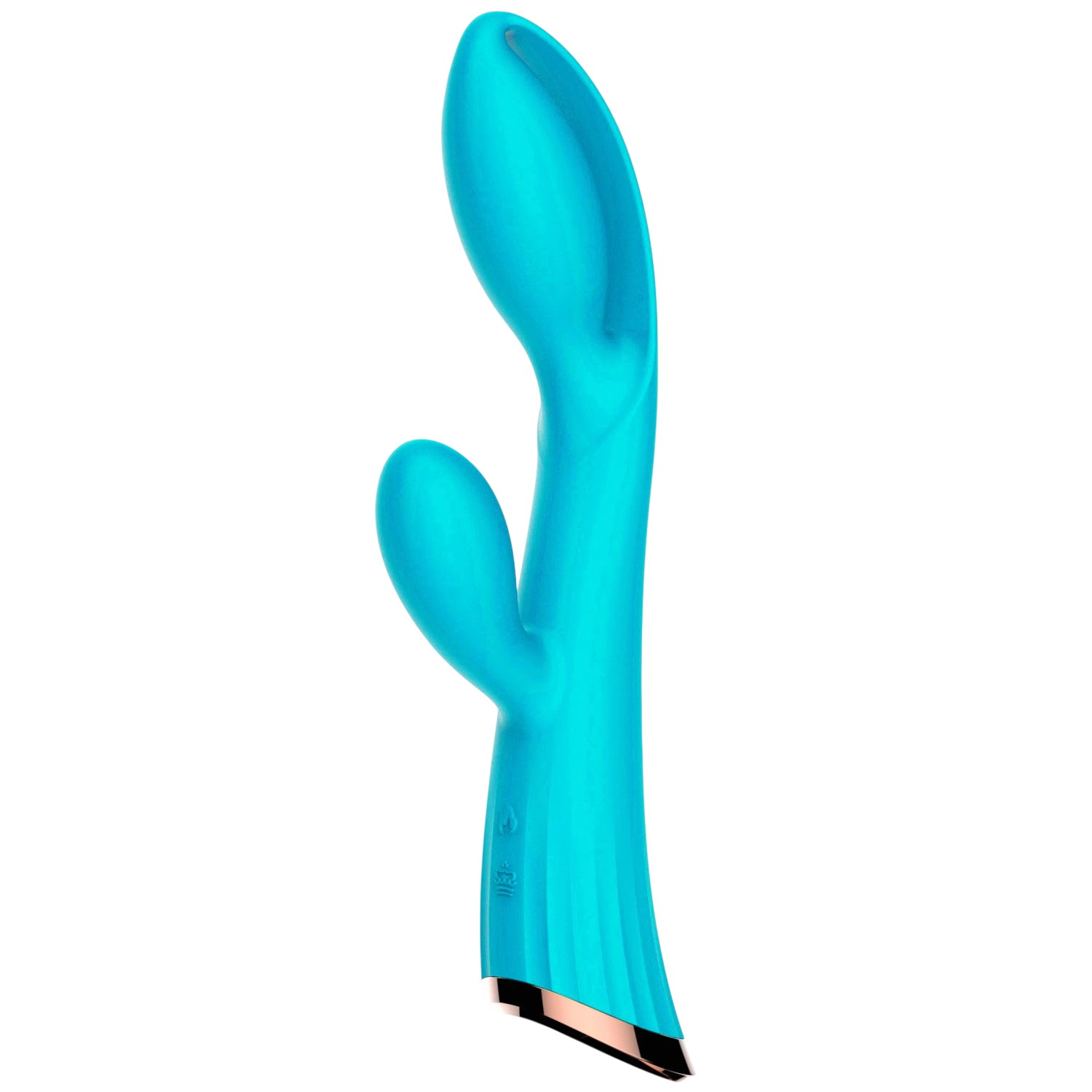 Vibromasseur double stimulation bleu turquoise, vue de profil avec embout incurvé et base rosée - Oh My God'Z