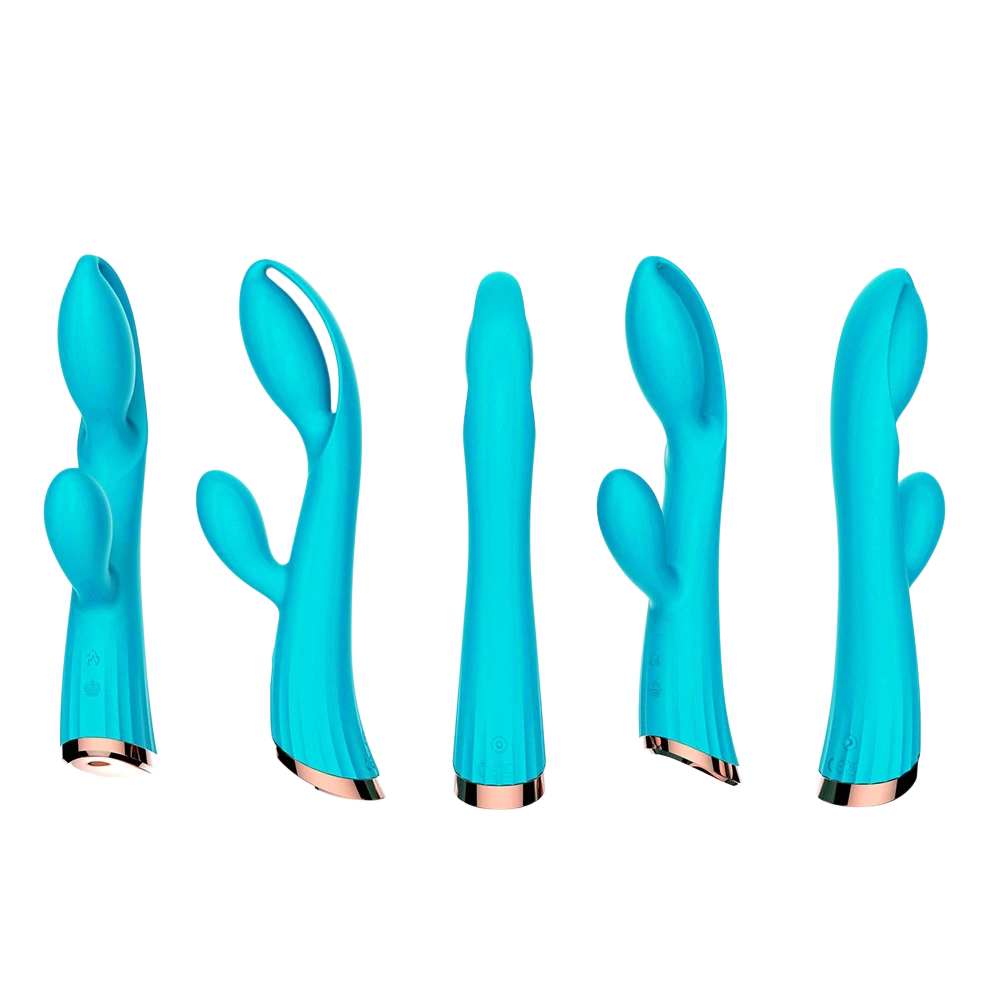 Vibromasseur rabbit bleu turquoise, vue panoramique 360 degrés montrant tous les angles du produit - Oh My God'Z