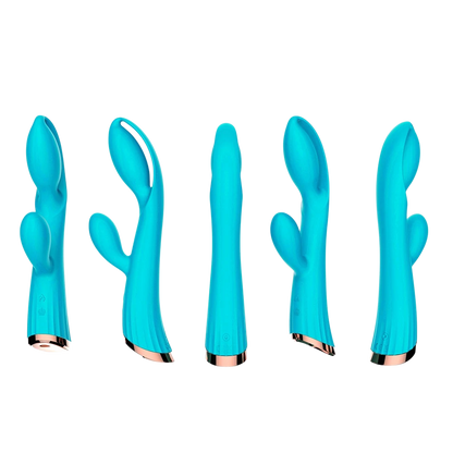 Vibromasseur rabbit bleu turquoise, vue panoramique 360 degrés montrant tous les angles du produit - Oh My God'Z