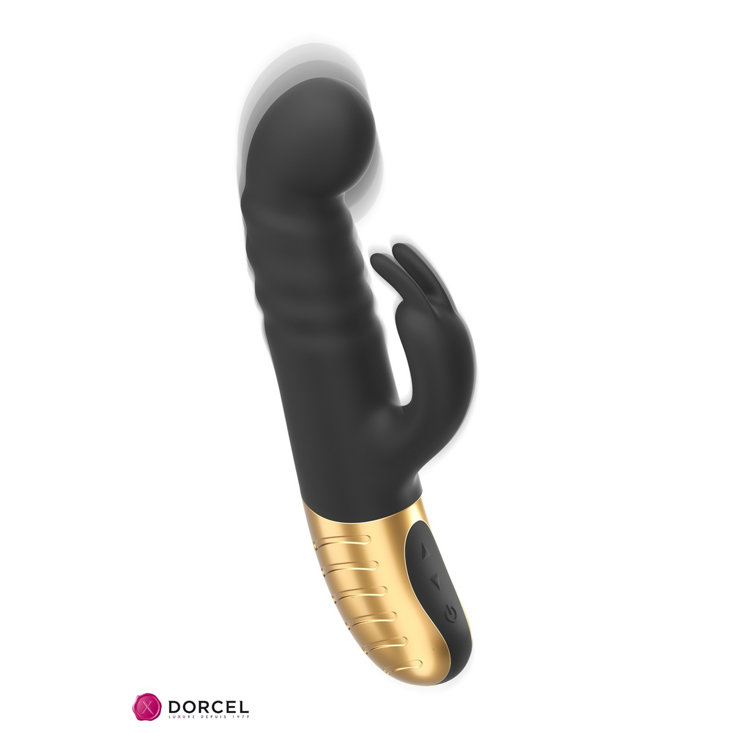 Vue de face du vibromasseur rabbit G-Stormer Dorcel avec finition dorée et silicone mat - Oh My God'Z
