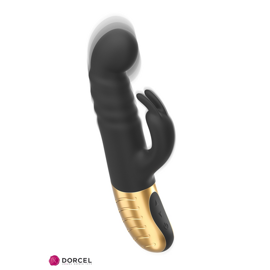 Vue de face du vibromasseur rabbit G-Stormer Dorcel avec finition dorée et silicone mat - Oh My God'Z

